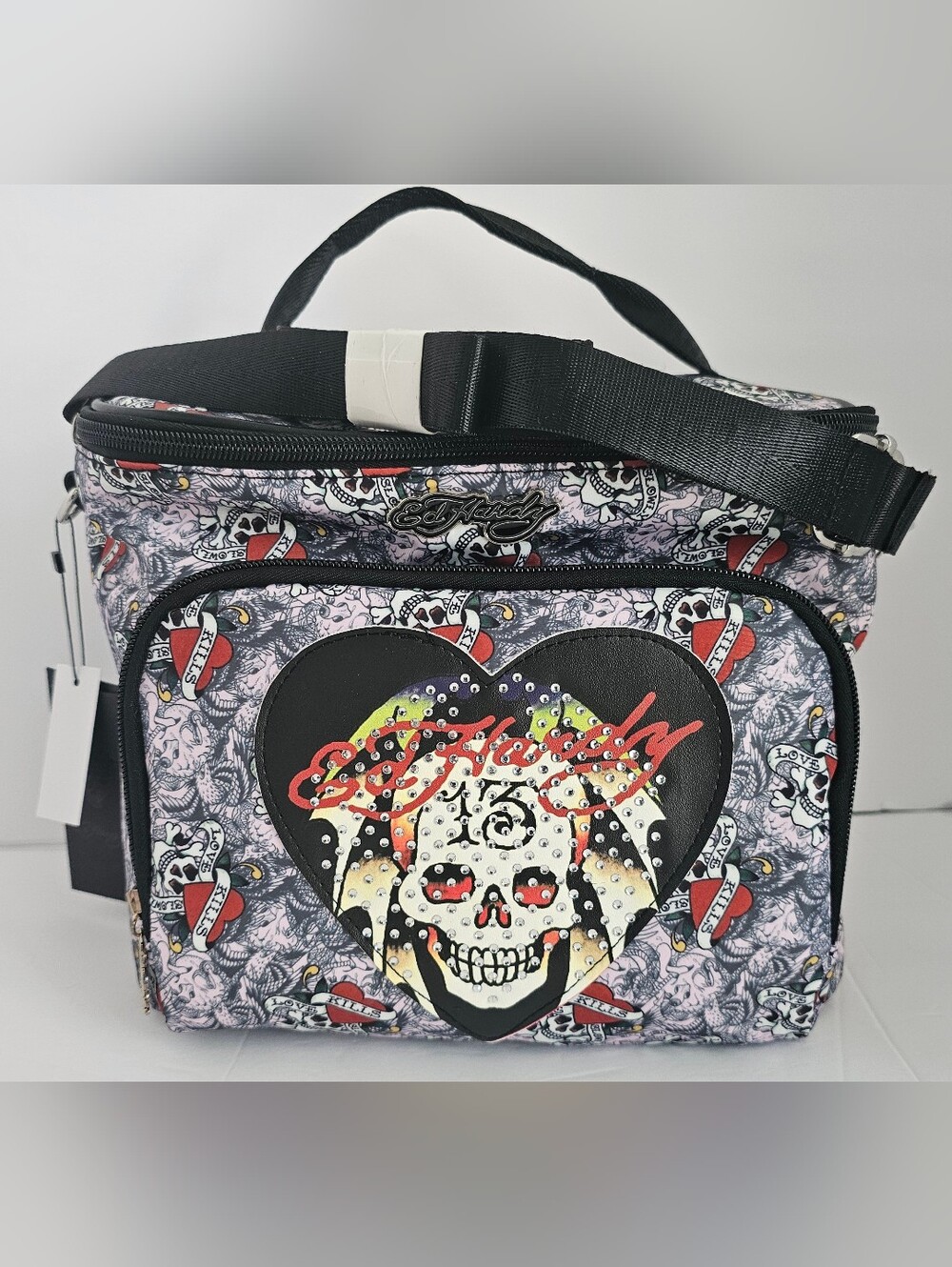 ☠️NWT Ed Hardy Rhinestone & Skulls Lnsulated Lunch Tote! PINK & GRAY, SKULLS! ☠️